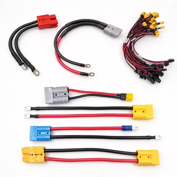 Custom battery cable harness assemblies with different connectors and wire configurations